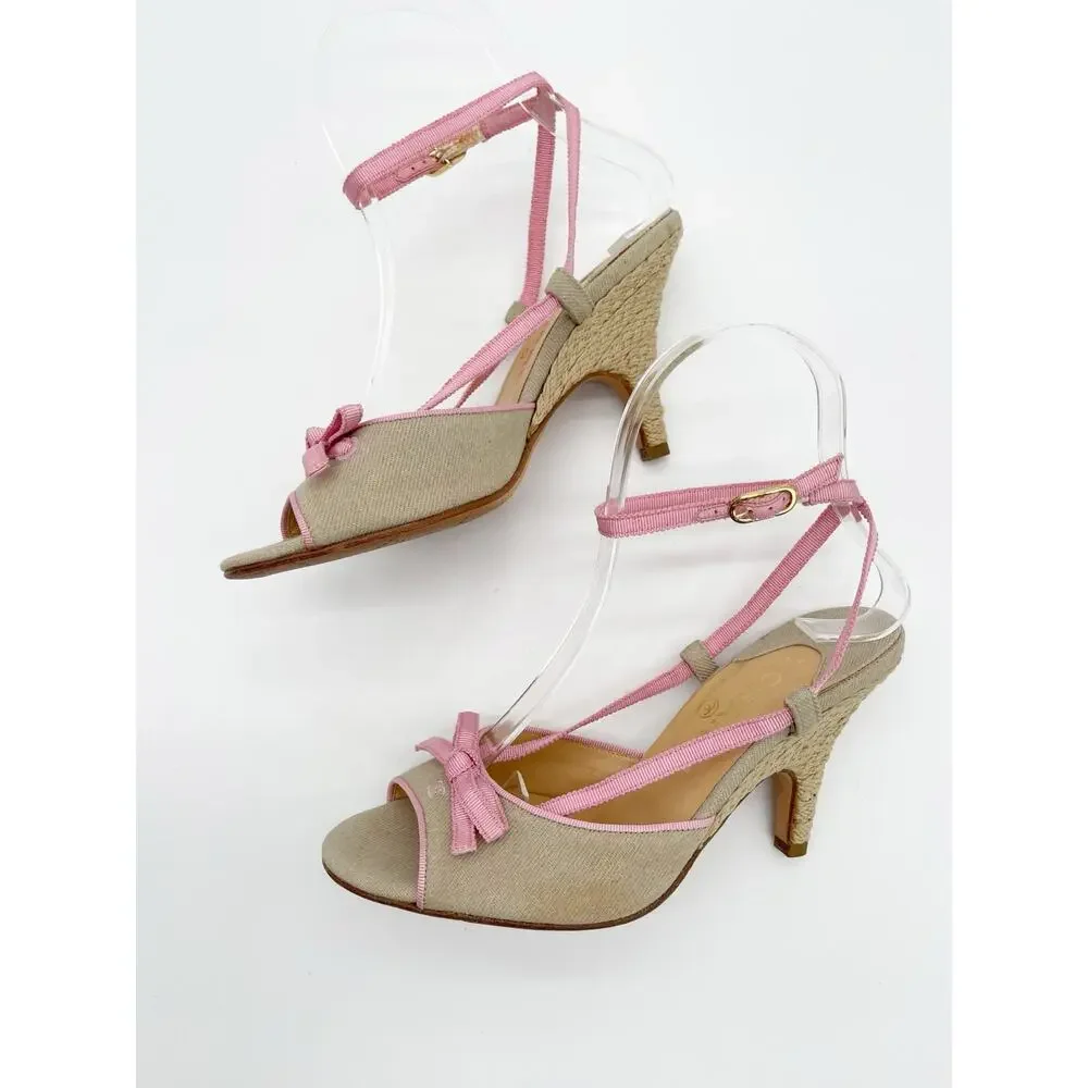 Chanel Vintage Beige Canvas Pink Grosgrain CC Bow Strappy Sandals Heels EU 36